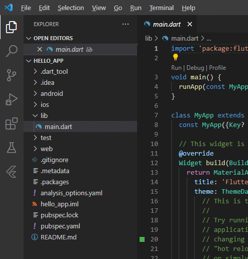 Первое приложение Flutter в Visual Studio Code