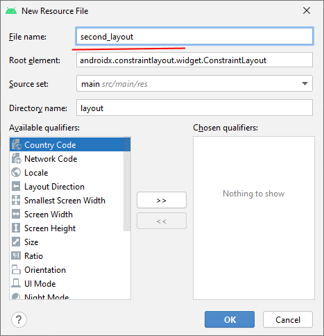 Установка параметров для файла layout в Android Studio