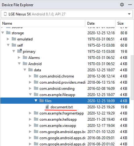 Файл во внещнем хранилище в Device File Explorer в Android Studio
