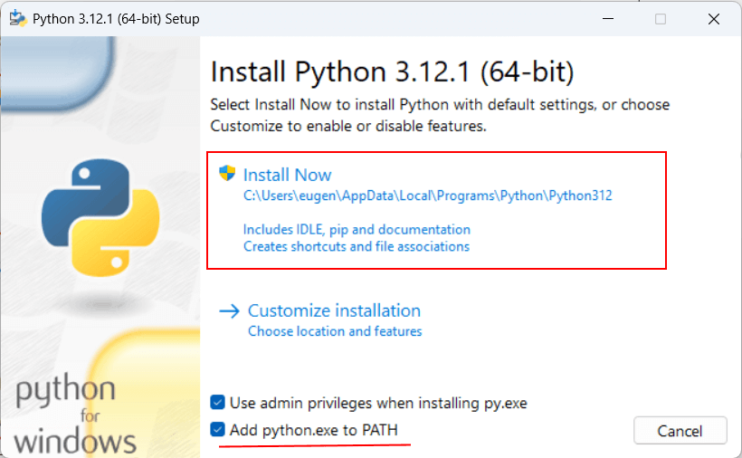 Установка дистрибутива Python 3.12 на Windows