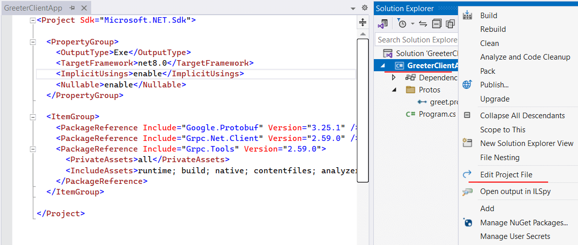 добавление в клиент на C# для сервиса grpc в Visual Studio файла greet.proto