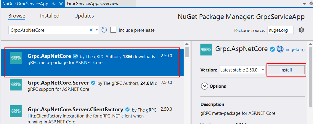 Установка пакета Grpc.AspNetCore в проект на C# и .NET
