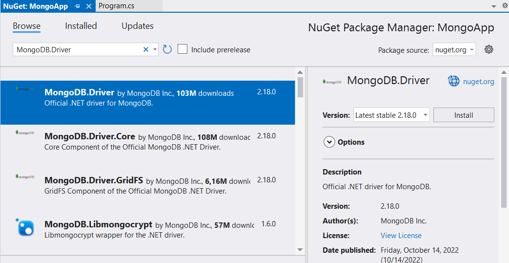 Установка драйвера MongoDB через NuGet для C# и .NET