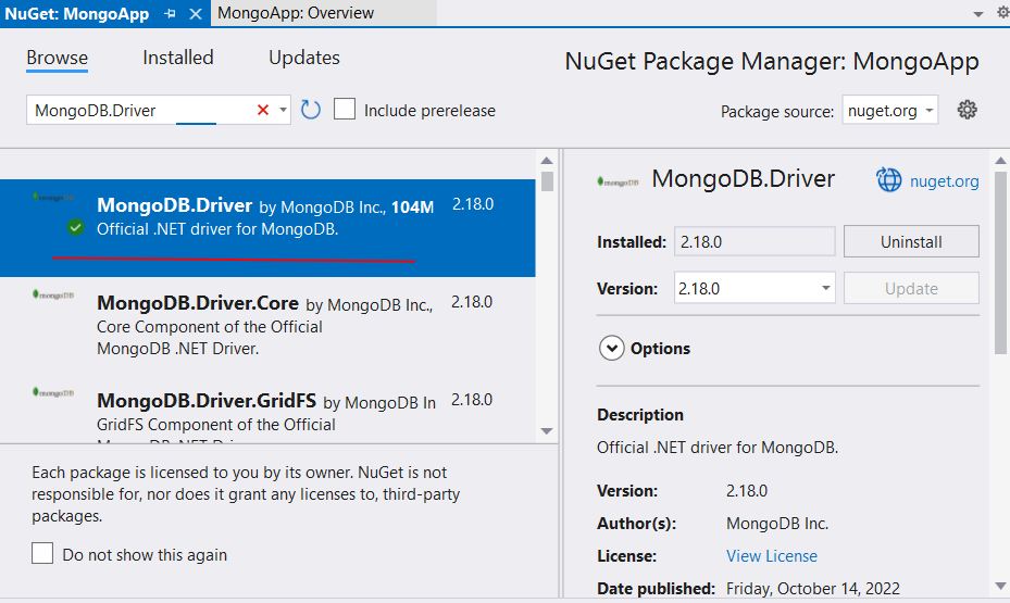 Установка MongoDB.Driver для ASP.NET Core в C#