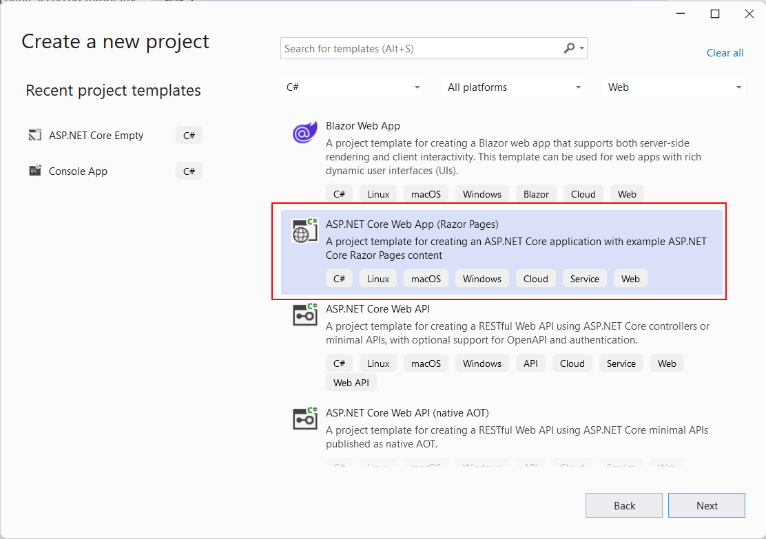 шаблон проекта Razor Pages в ASP.NET Core и C#