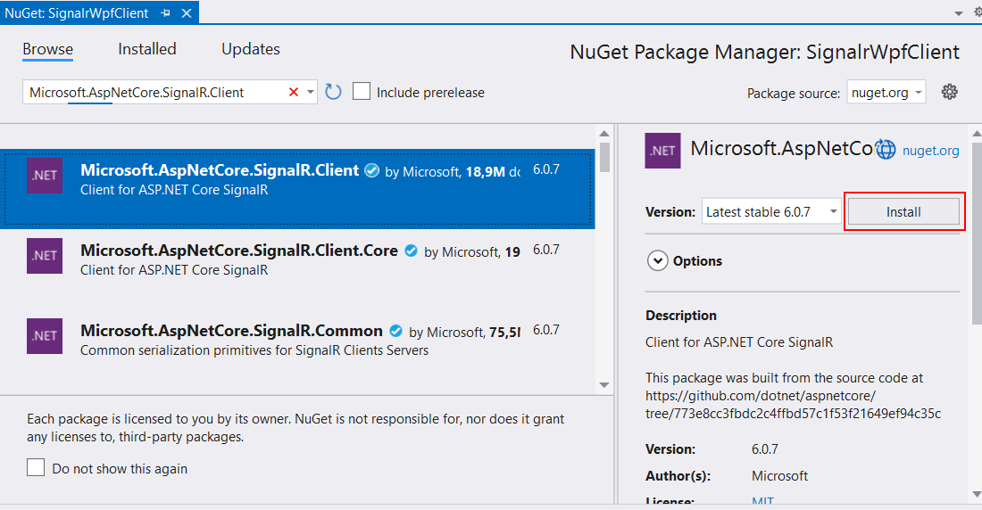 Добавление пакета Microsoft.AspNetCore.SignalR.Client в проект WPF для создания клиента на .NET и C#