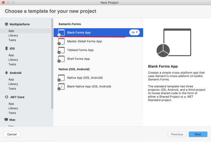 Первый проект Xamarin Forms в Visual Studio for Mac