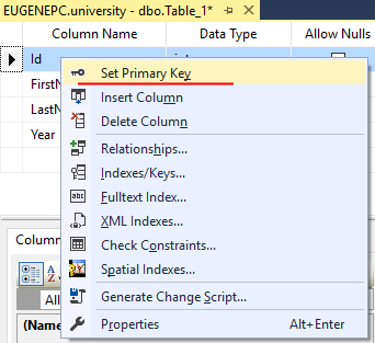 Установка первичного ключа в SQL Server