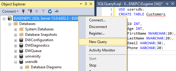 Создание таблицы в SQL Server Management Studio
