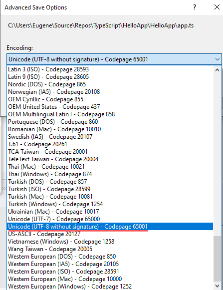Кодировка файлов Encoding в Visual Studio