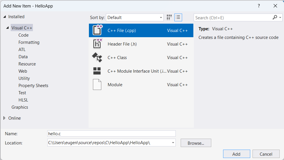 Добавление исходного файла на Си в Visual Studio