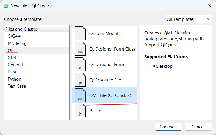 Добавление файла QML в проект в Qt Creator