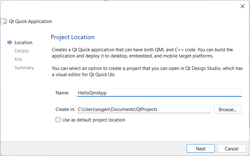 первый проект Qt Quick Application в Qt Creator