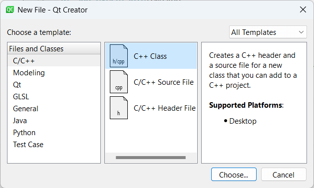 Добавление нового класса C++ в Qt Creator