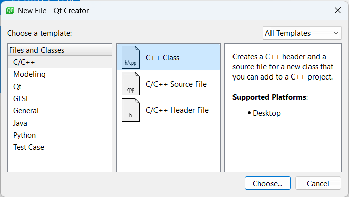 Добавление класса C++ в среде Qt Creator