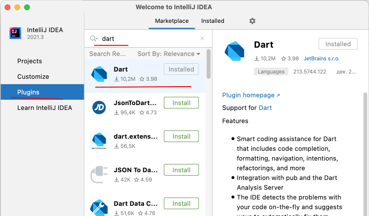 Установка плагина Dart в IntelliJ IDEA Community