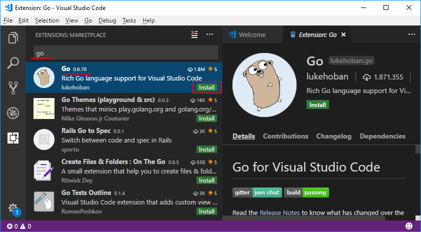 Расширение языка Go для Visual Studio Code