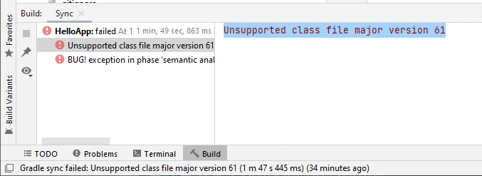 Unsupported class file major version 61 в Android Studio