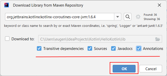 Добавление библиотеки kotlinx-coroutines-core-jvm через Maven в проект на Kotlin
