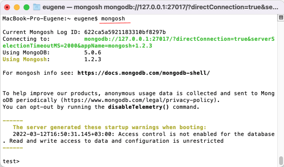 консольная оболочка mongosh для работы с базой данных MongoDB на Mac OS