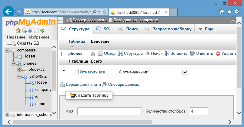 Схема базы данных phpmyadmin