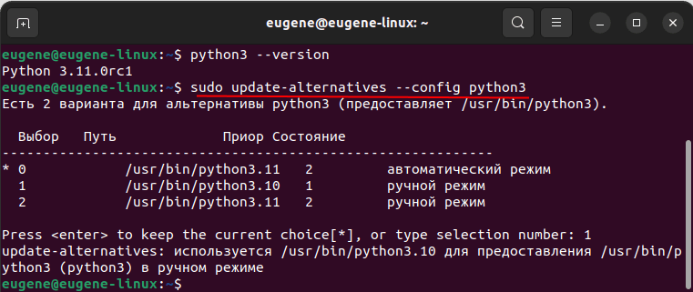 Установка версии Python по умолчанию в linux