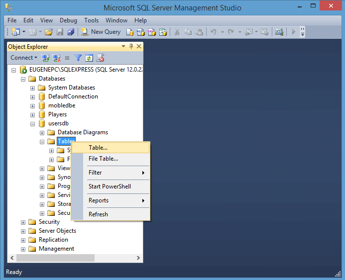 Создание таблицы в SQL Server Management Studio