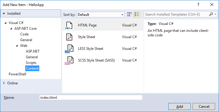 Добавление html-файла в проект ASP.NET Core