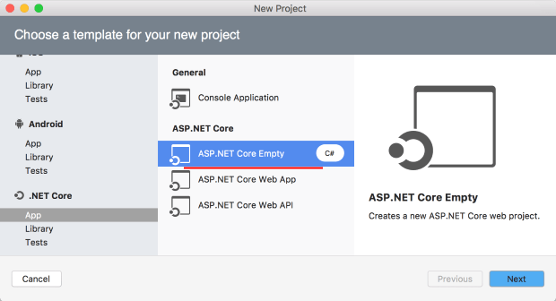 Создание проекта ASP.NET Core в Visual Studio for Mac