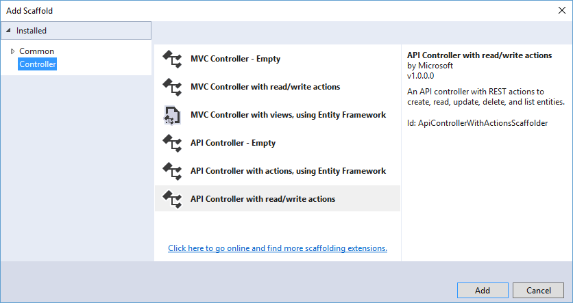 Controller Scaffolding in ASP.NET Core