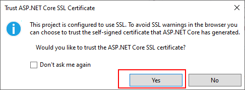 Потверждение сертификата SSL при запуске приложения ASP.NET Core