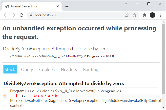 Обработка исключений и UseDeveloperExceptionPage в ASP.NET Core и C#