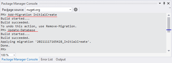 Выполнение миграции в Entity Framework Core