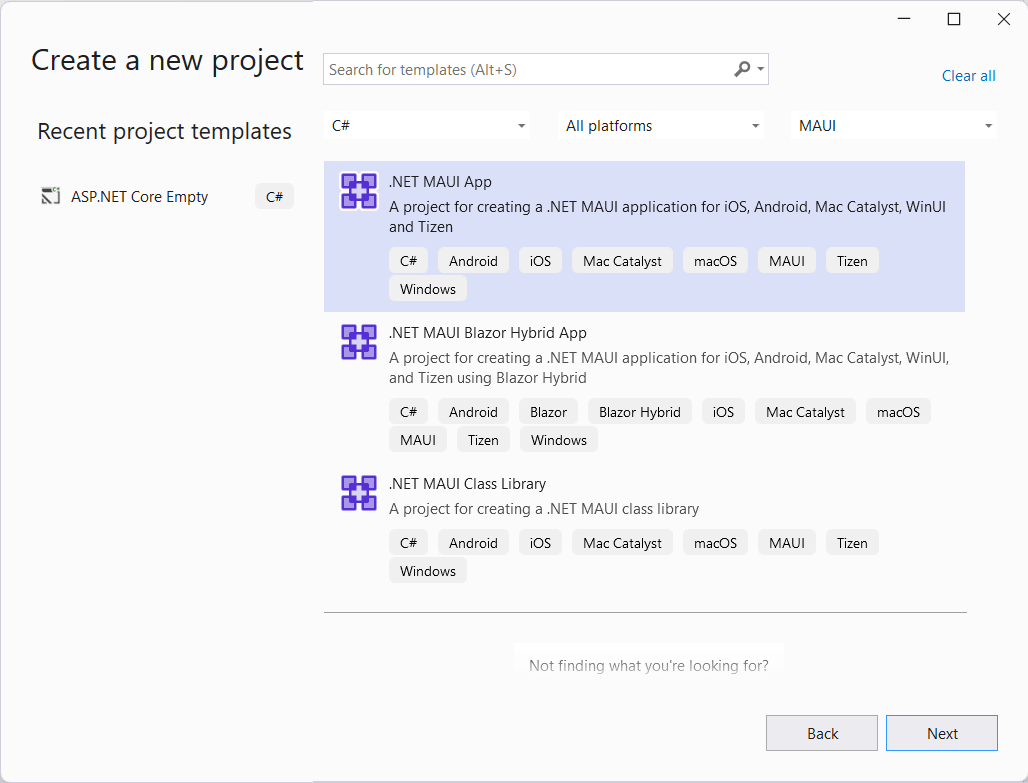 Типы проектов для .NET MAUI и C# в Visual Studio