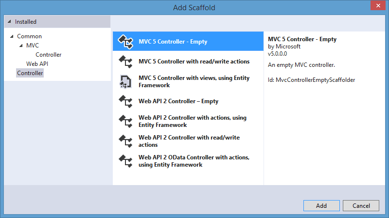 Создание нового контроллера в ASP.NET MVC 5