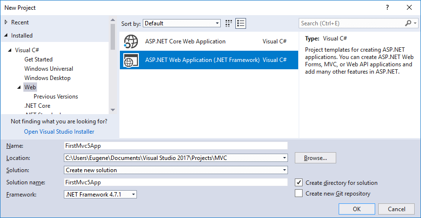 ASP.NET MVC 5 в Visual Studio 2017