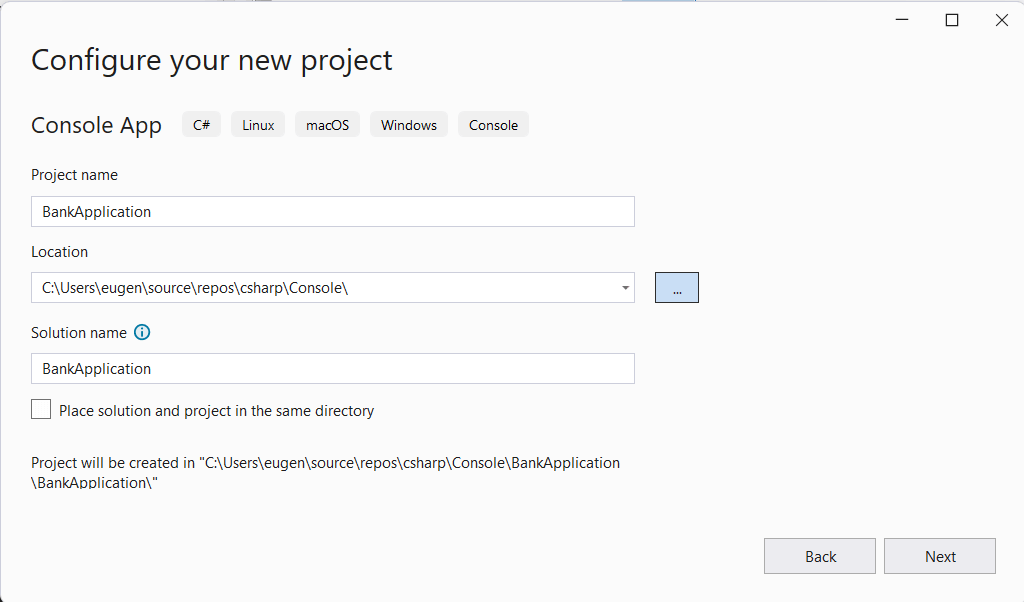 Создание консольного проекта .NET Core в Visual Sudio 2022