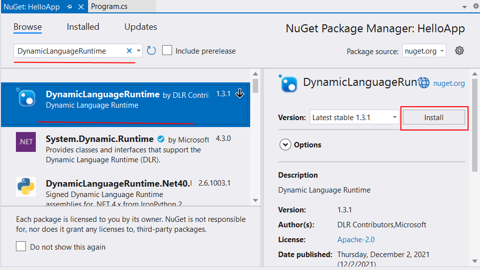 Пакет DynamicLanguageRuntime в NuGet