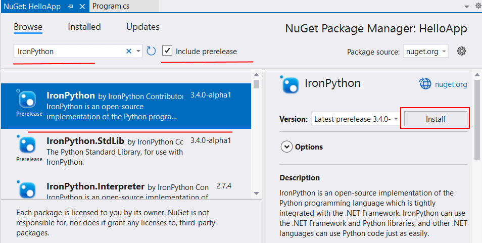 Пакет IronPython в NuGet