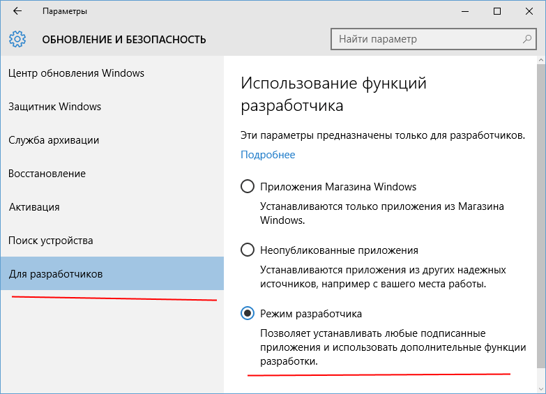 Опции для разработчиков в центре обновления Windows 10