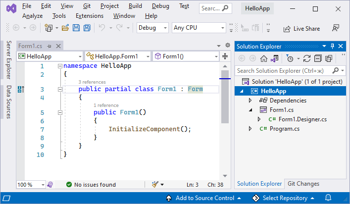 первый проект Windows Forms на C# в Visual Studio