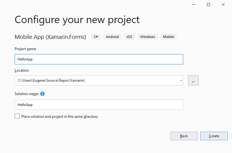 Создание проекта Xamarin Forms в Visual Studio 2019