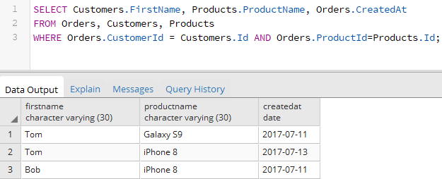 Соединение таблиц без JOIN в PostgreSQL