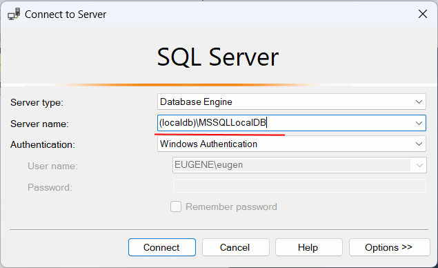 Подключение к LocalDB в SQL Server Management Studio