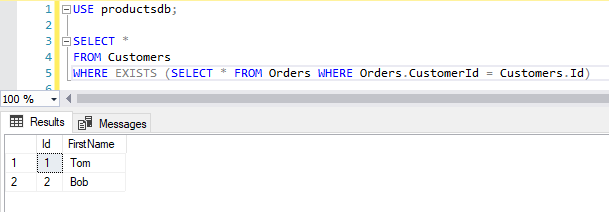 Оператор EXISTS в T-SQL