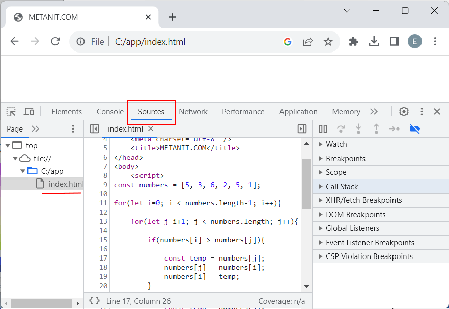 Отладка кода JavaScript в Chrome DevTools